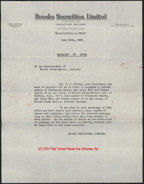 Brooks Steam Motors, Inc., Stock Exchange Letter, June 20, 1927, Murray, Herbert